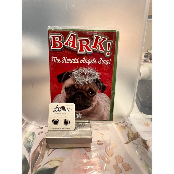 Women's Lillyput Little Things Pug Earrings & Christmas Greeting Card NWT - Picture 1 of 6